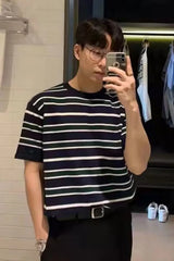 Men's Plus Size Casual Striped Short Sleeve T-Shirt Peacock Blue / M