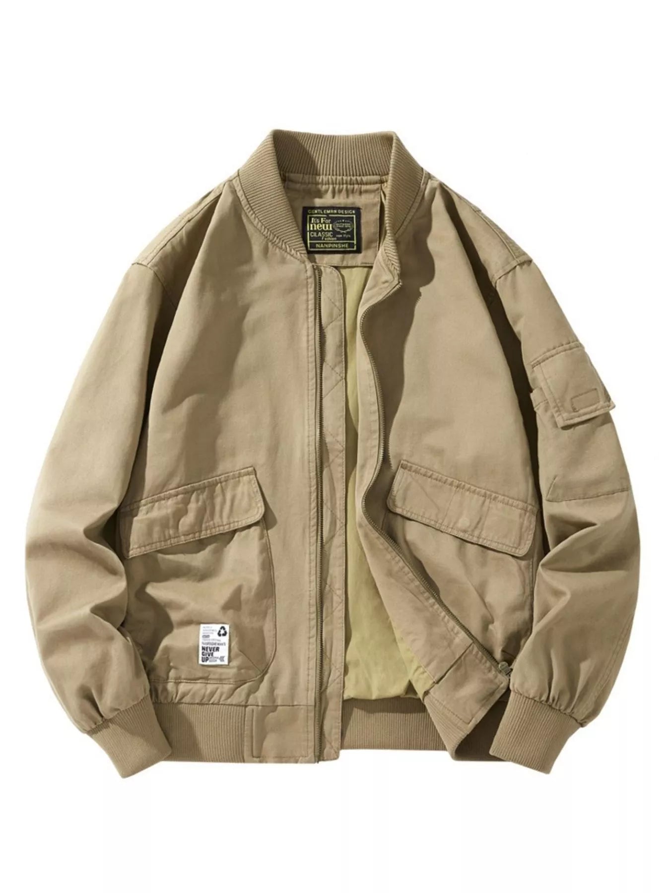 Men's Plus Size Casual Zip Up Bomber Jacket Khaki / M