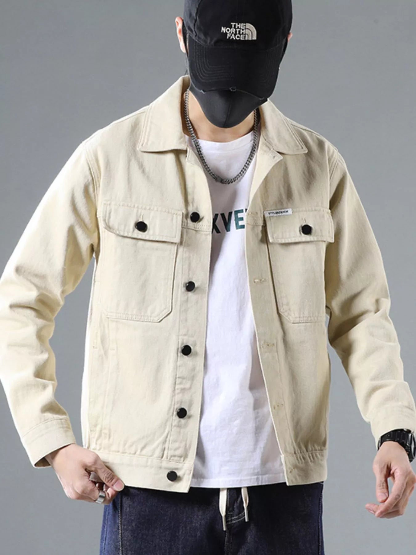 Men's Plus Size Classic Button Up Denim Trucker Jacket Shallow Khakis / M