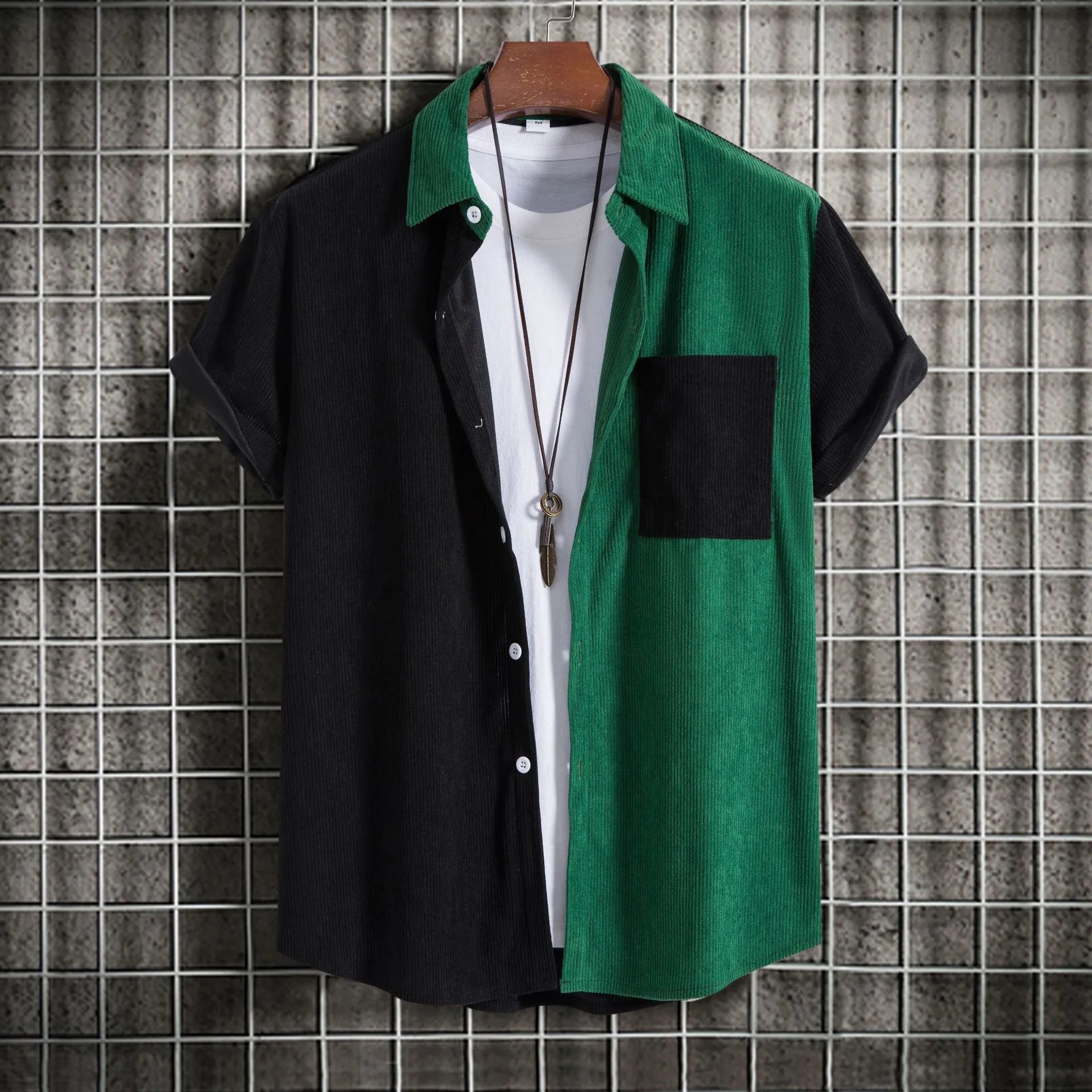 Men's Plus Size Classic Color Block Short Sleeve Shirt Dark Green / M