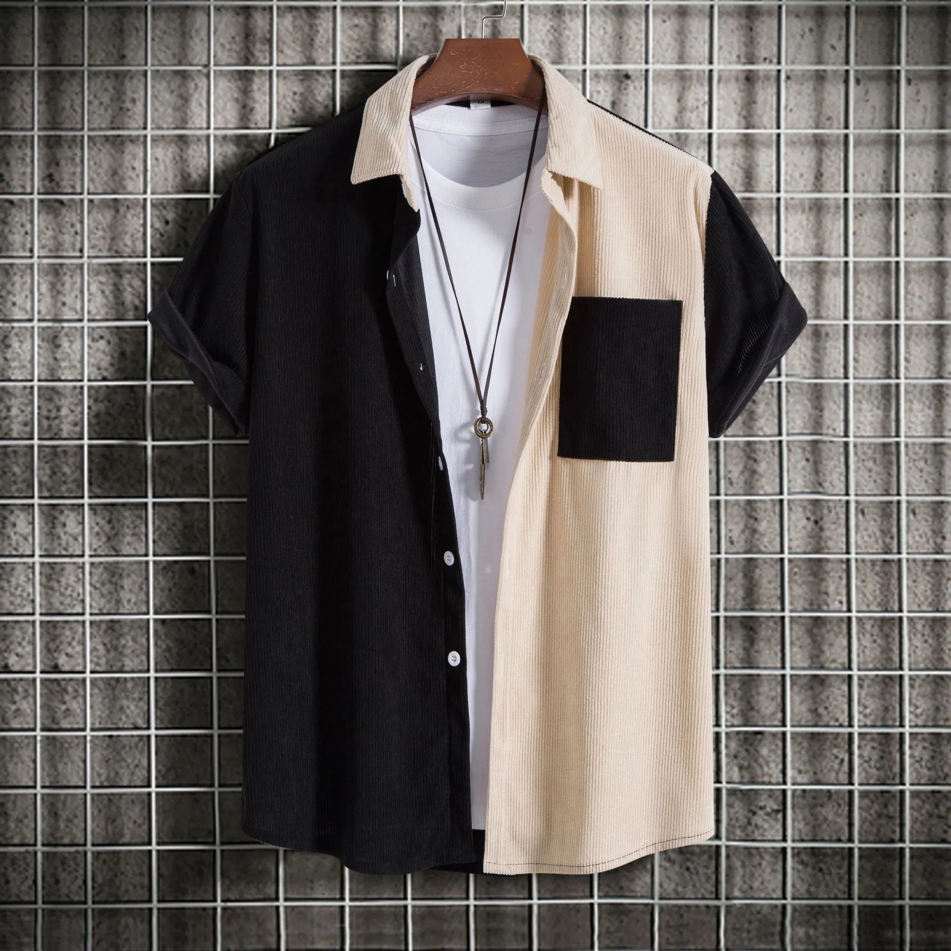 Men's Plus Size Classic Color Block Short Sleeve Shirt Khaki / M