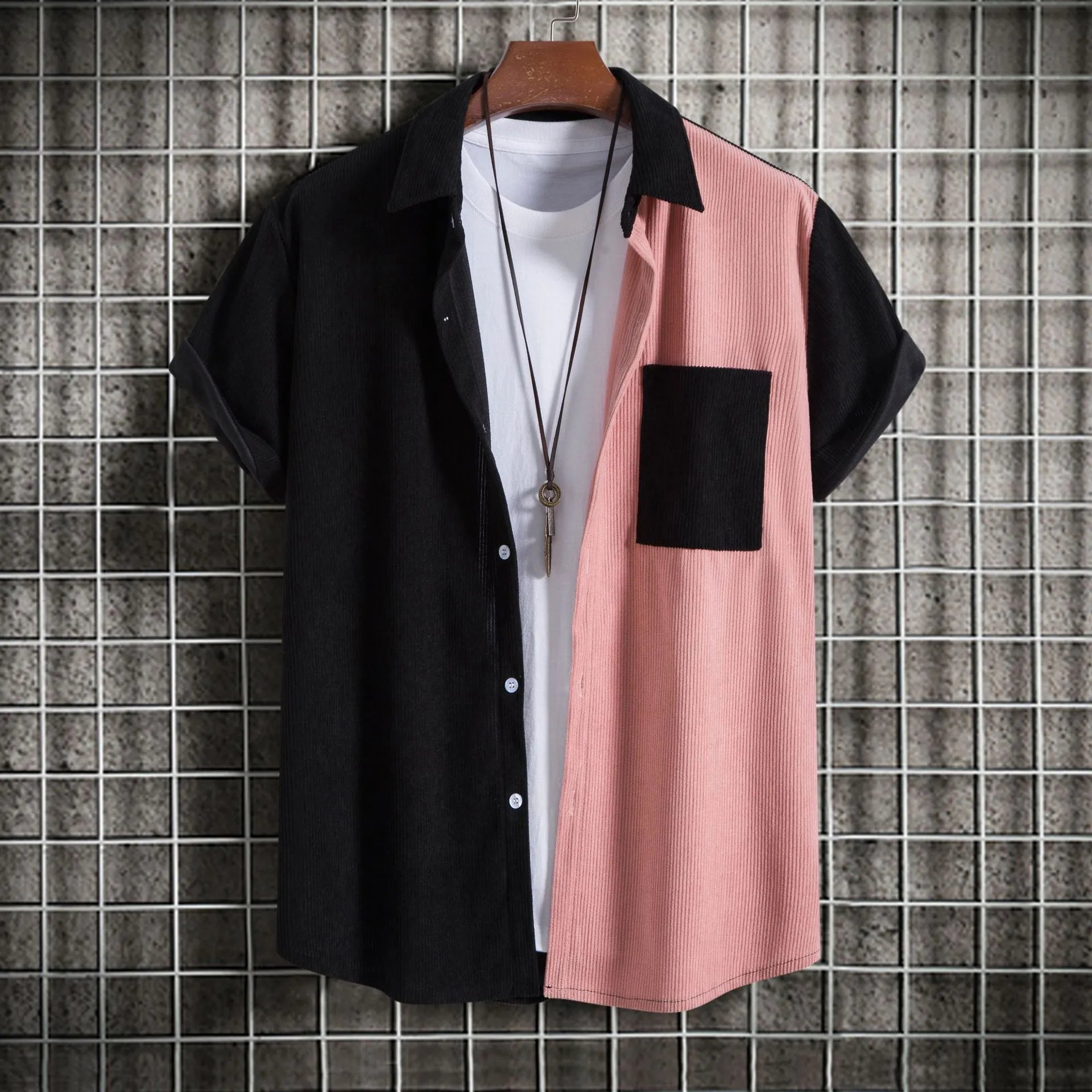Men's Plus Size Classic Color Block Short Sleeve Shirt Pink / M