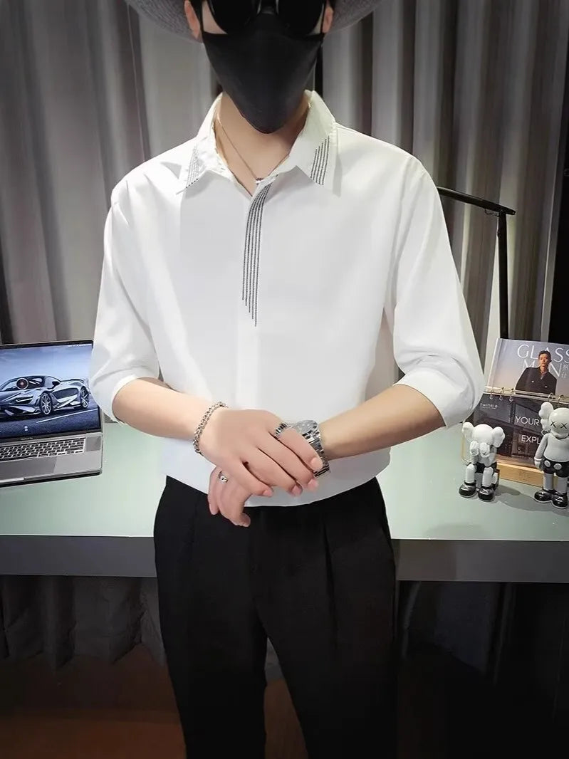 Men's Plus Size Collared Neck 3/4 Sleeve Shirt White / M