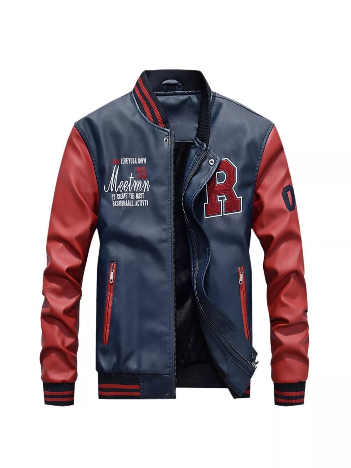 Men's Plus Size Color Block Zip Up Leather Jacket Royal Blue / M