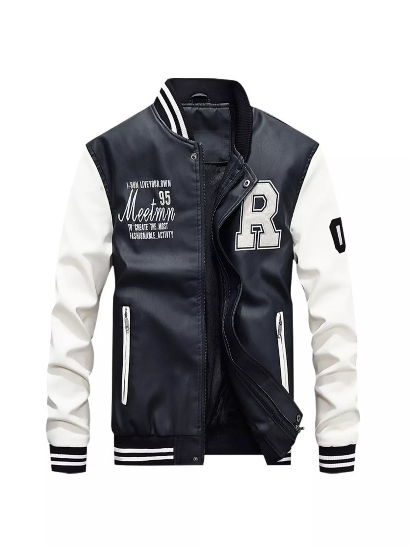 Men's Plus Size Color Block Zip Up Leather Jacket White / M