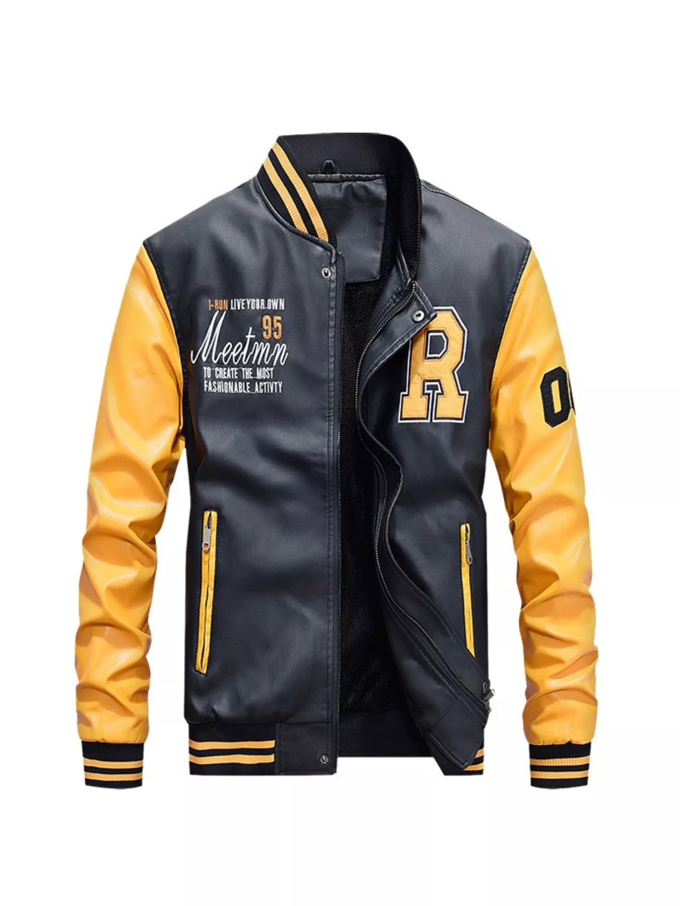 Men's Plus Size Color Block Zip Up Leather Jacket Yellow / M