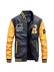 Men's Plus Size Color Block Zip Up Leather Jacket Yellow / M