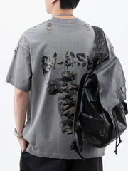 Men's Plus Size Distressed Camo Cross Graphic T-Shirt