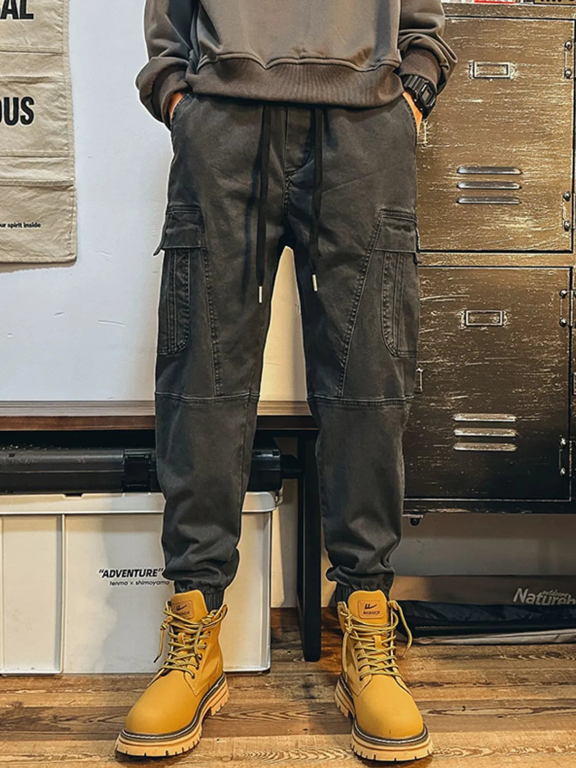 Men's Plus Size Drawstring Pants with Cargo Pockes Dark Gray / M