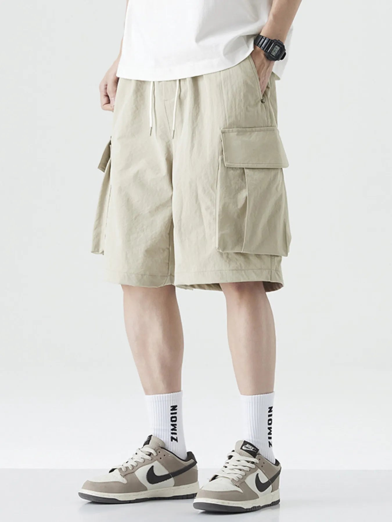 Men's Plus Size Drawstring Wide Leg Cargo Shorts Khaki / 28