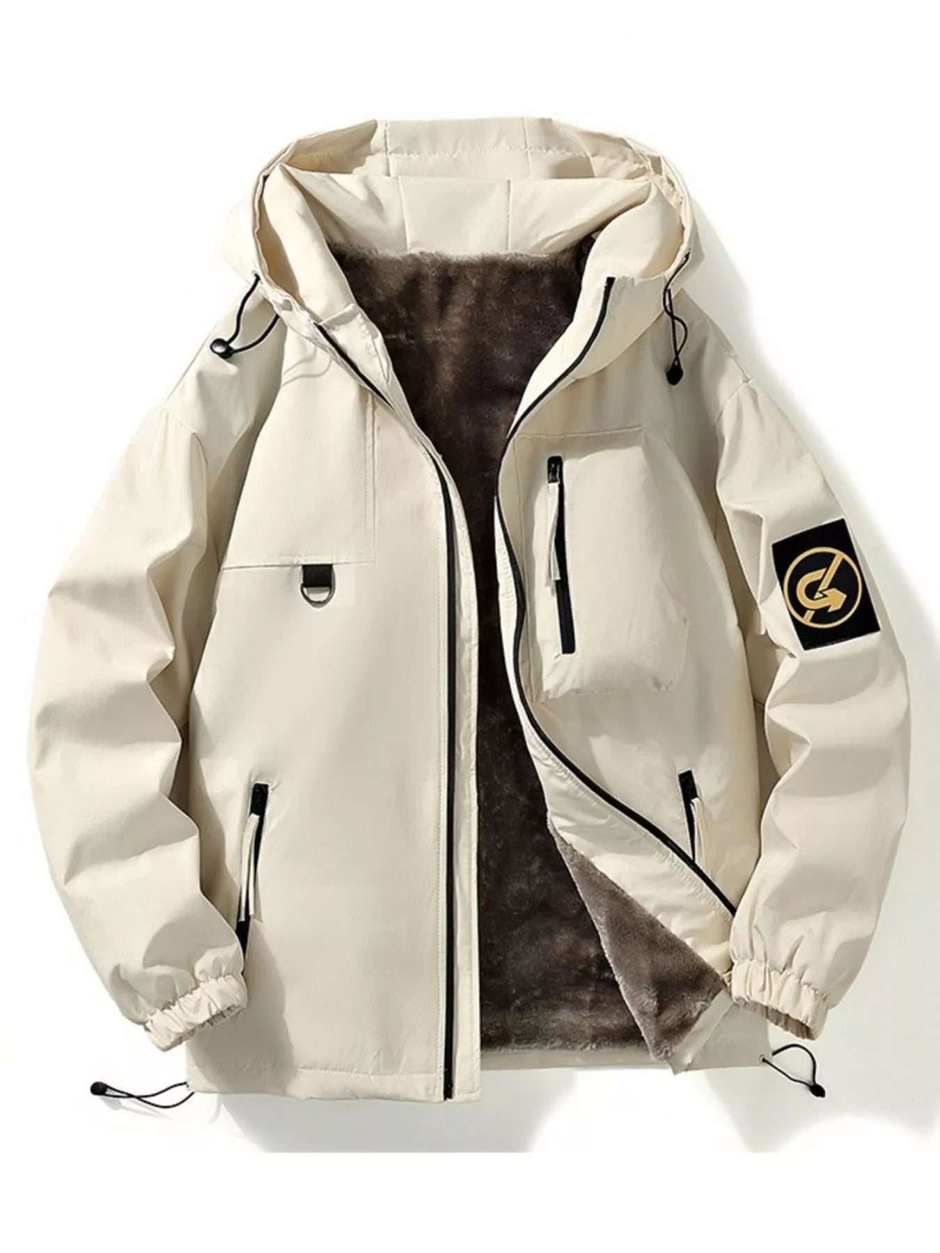 Men's Plus Size Drawstring Zip Up Hooded Jacket Beige / M