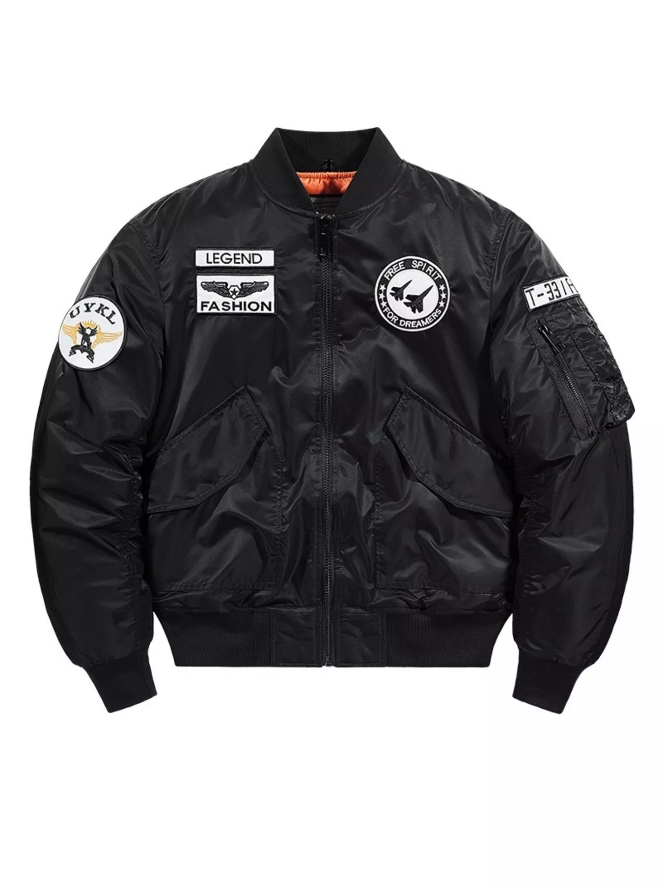 Men's Plus Size Embroidered Patches Bomber Jacket Black / M