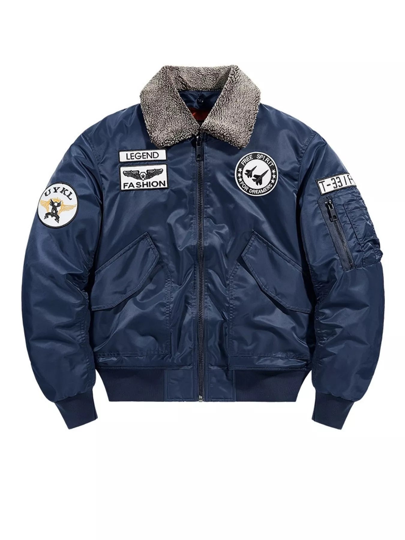 Men's Plus Size Embroidered Patches Bomber Jacket Dark Blue / M