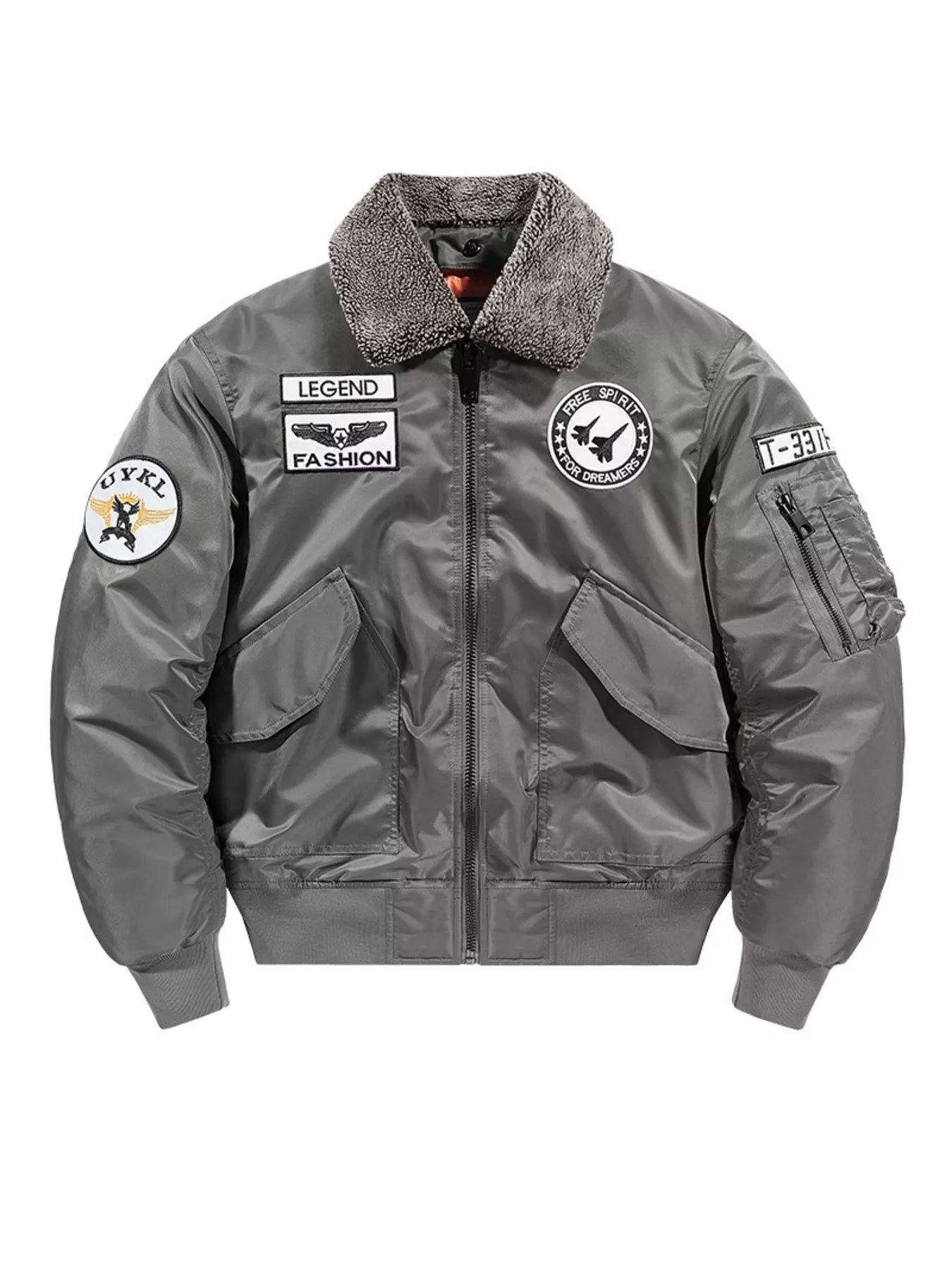 Men's Plus Size Embroidered Patches Bomber Jacket Gray / M