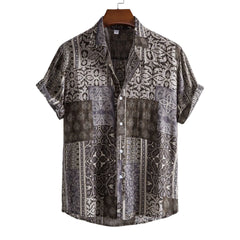 Men's Plus Size Ethnic Print Short Sleeve Button-Up Shirt Coffee Brown / M