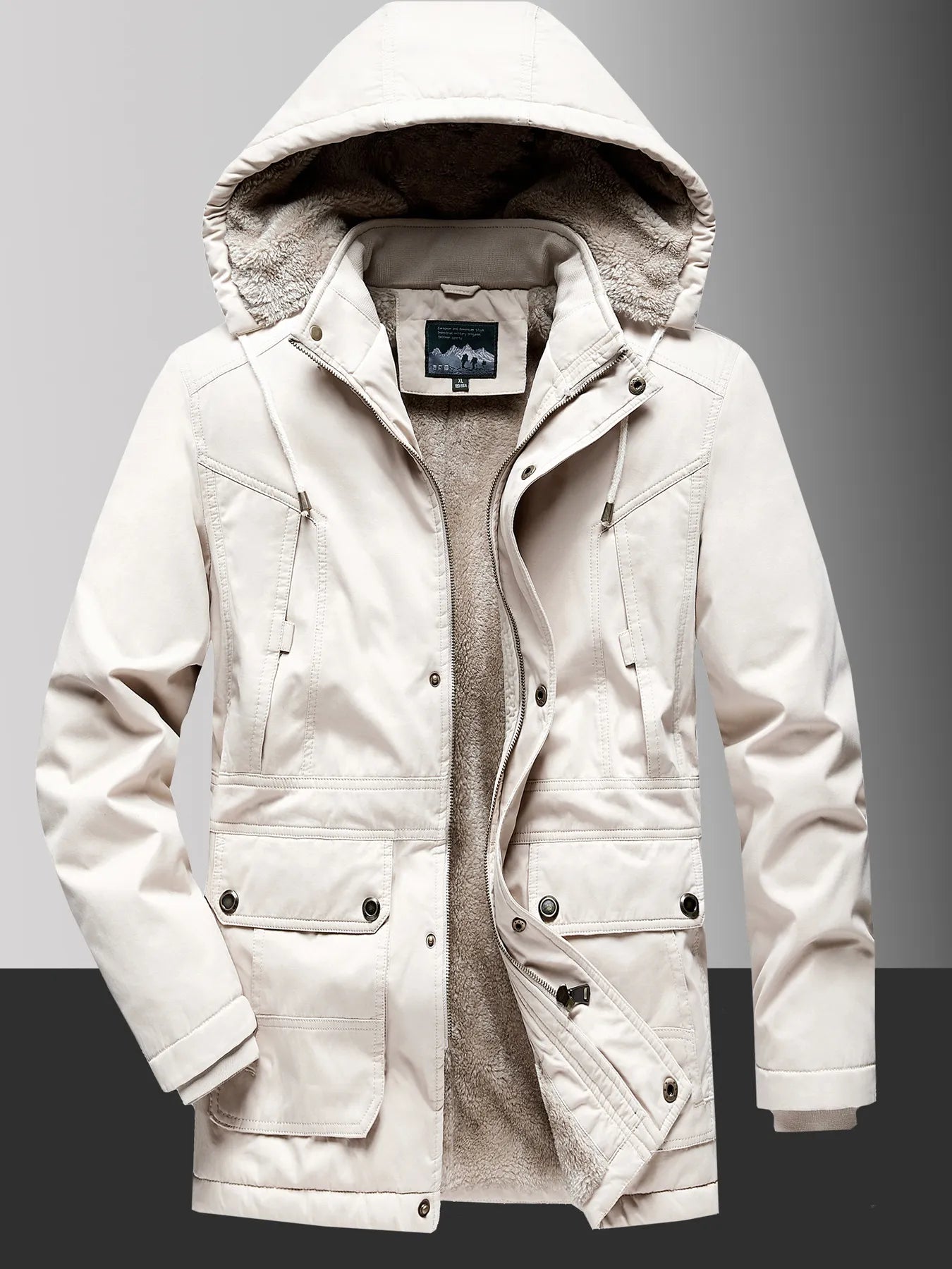 Men's Plus Size Fleece Lined Hooded Winter Coat Ivory / L
