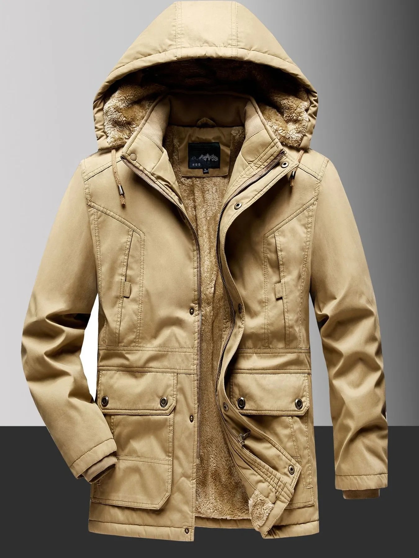 Men's Plus Size Fleece Lined Hooded Winter Coat Khaki / L