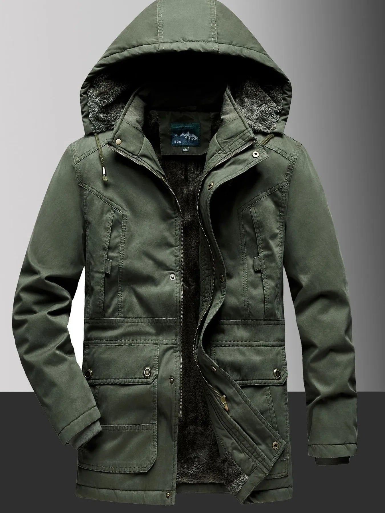 Men's Plus Size Fleece Lined Hooded Winter Coat Military Green / L