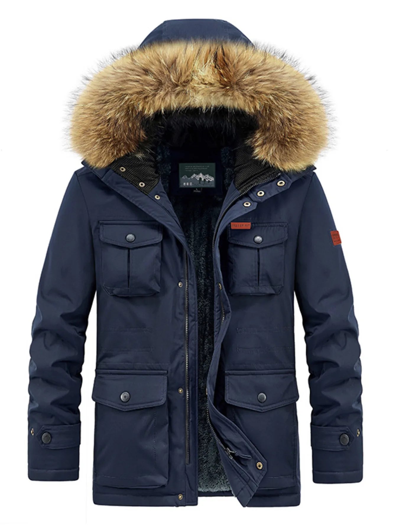 Men's Plus Size Fur Hooded Warm Winter Coat Dark Blue / M