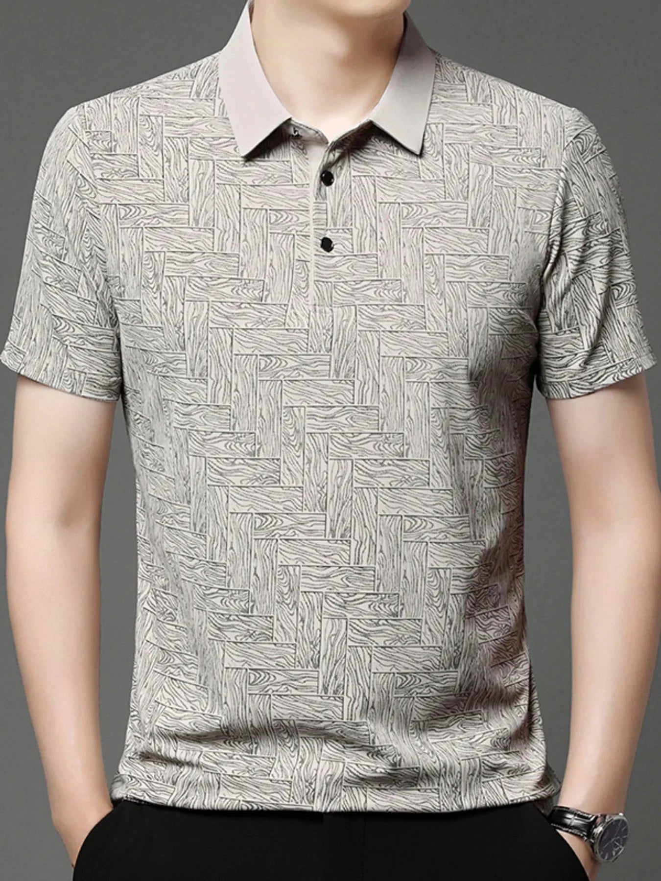 Men's Plus Size Geometric Pattern Short Sleeve Polo Beige / M