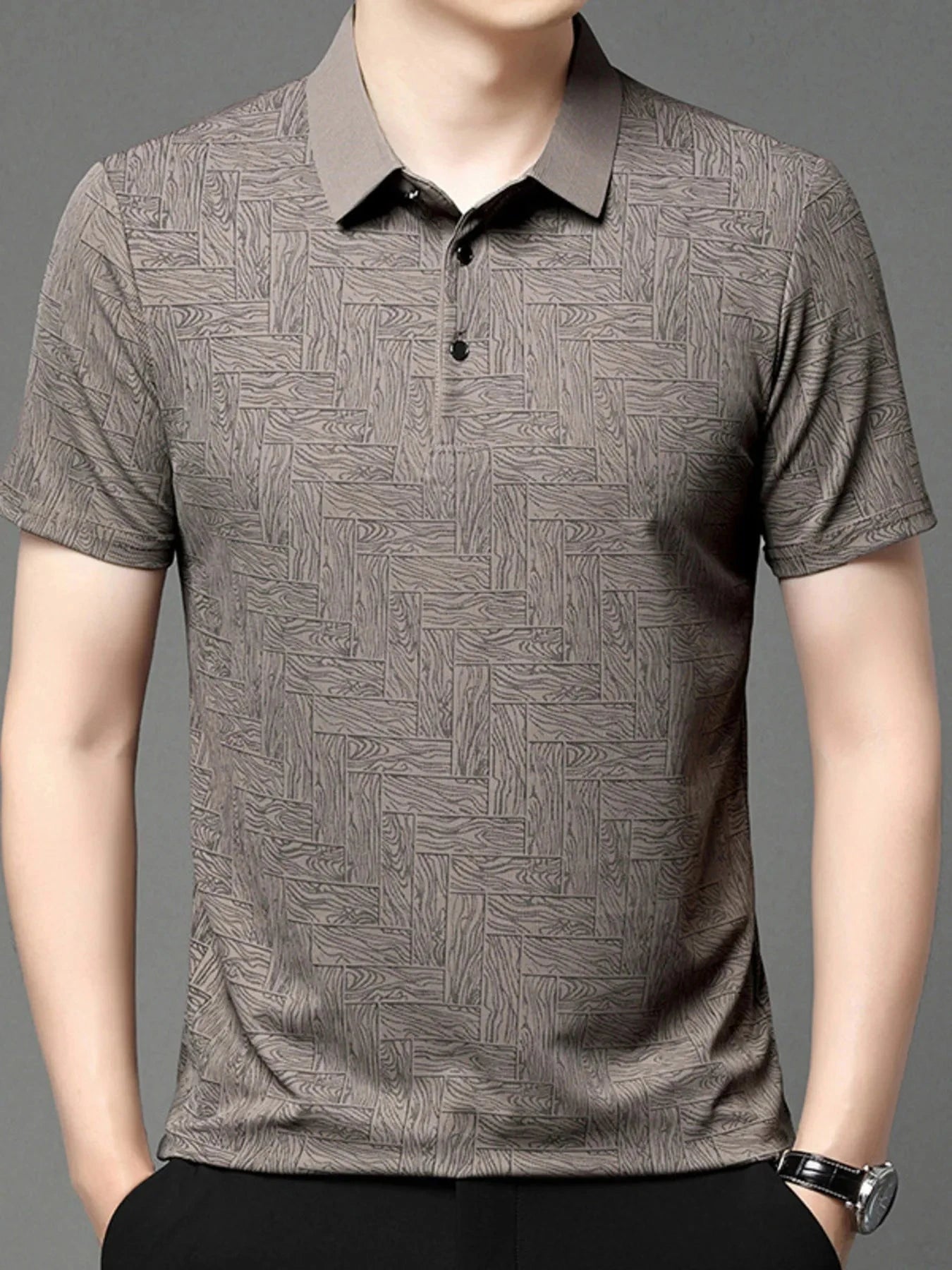 Men's Plus Size Geometric Pattern Short Sleeve Polo Brown / M
