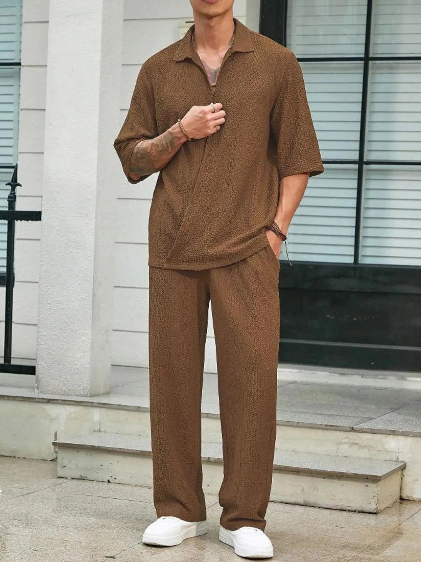 Men's Plus Size Half Sleeve Top and Pants Set Caramel Color / M
