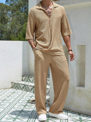 Men's Plus Size Half Sleeve Top and Pants Set Khaki / M