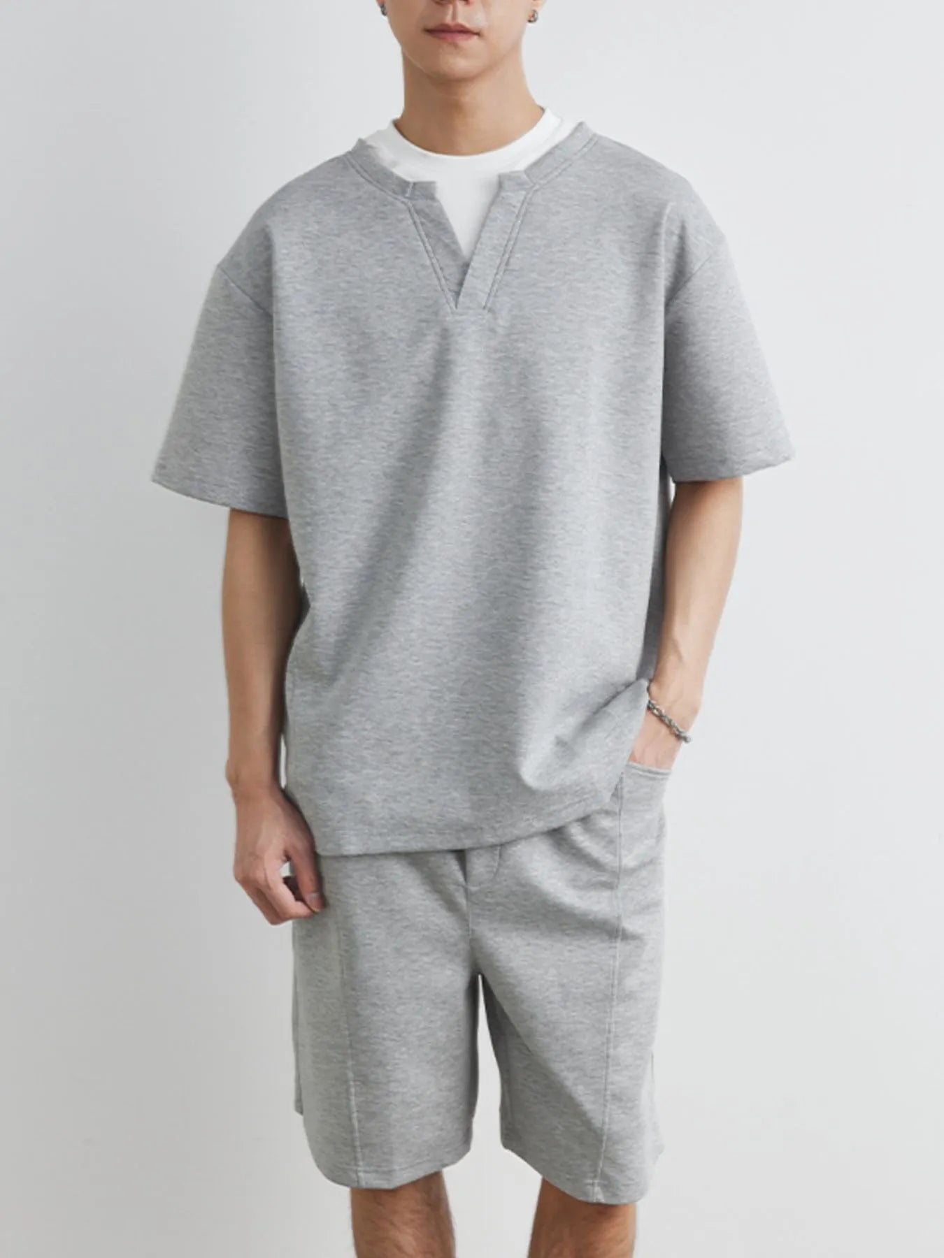 Men's Plus Size Half Sleeve Top and Shorts Set Light Gray / M