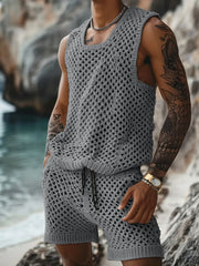 Men's Plus Size Hollow Out Round Neck Tank and Shorts Set Gray / M