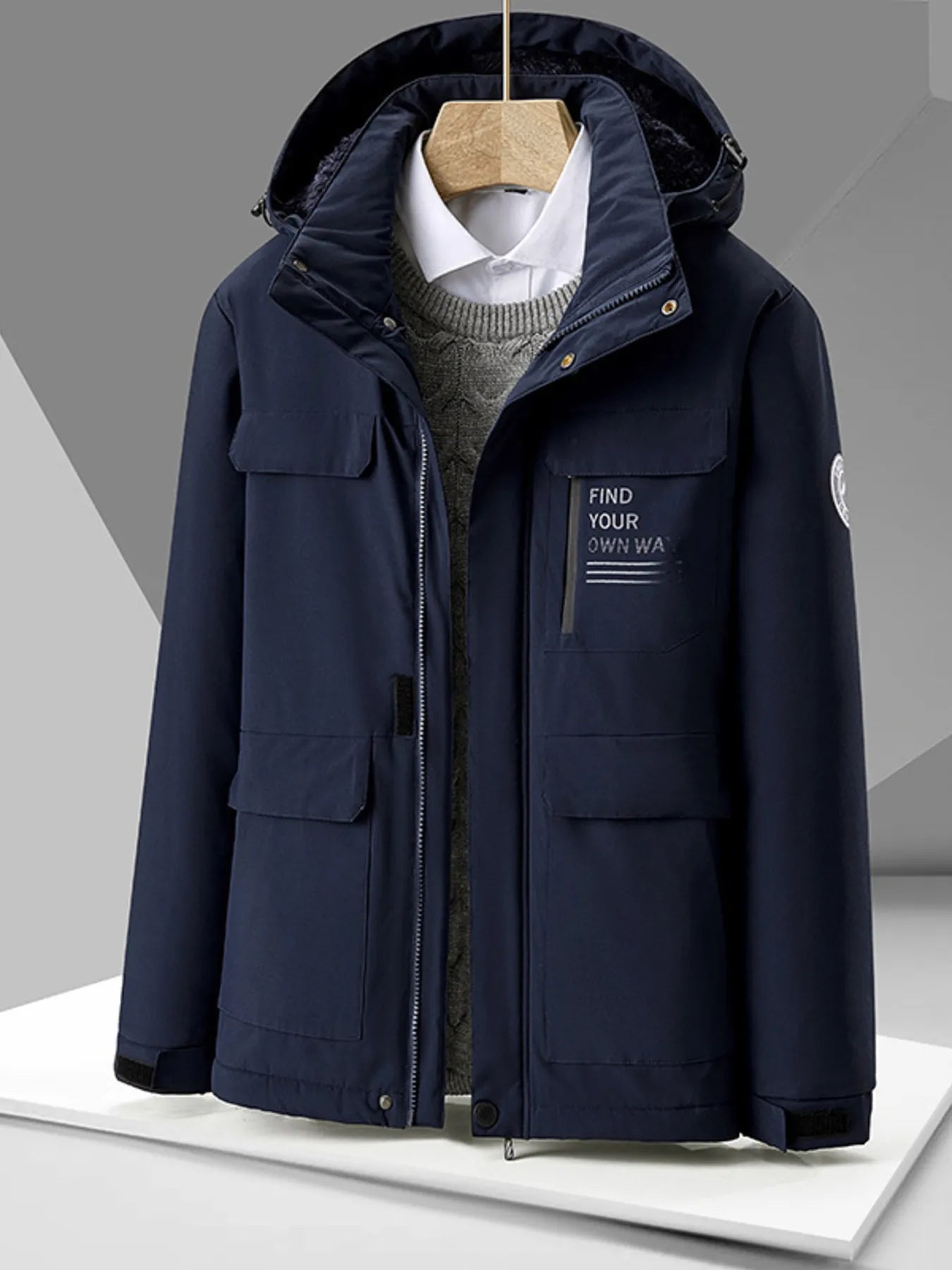 Men's Plus Size Hooded Zip Up Winter Jacket Black Blue / M