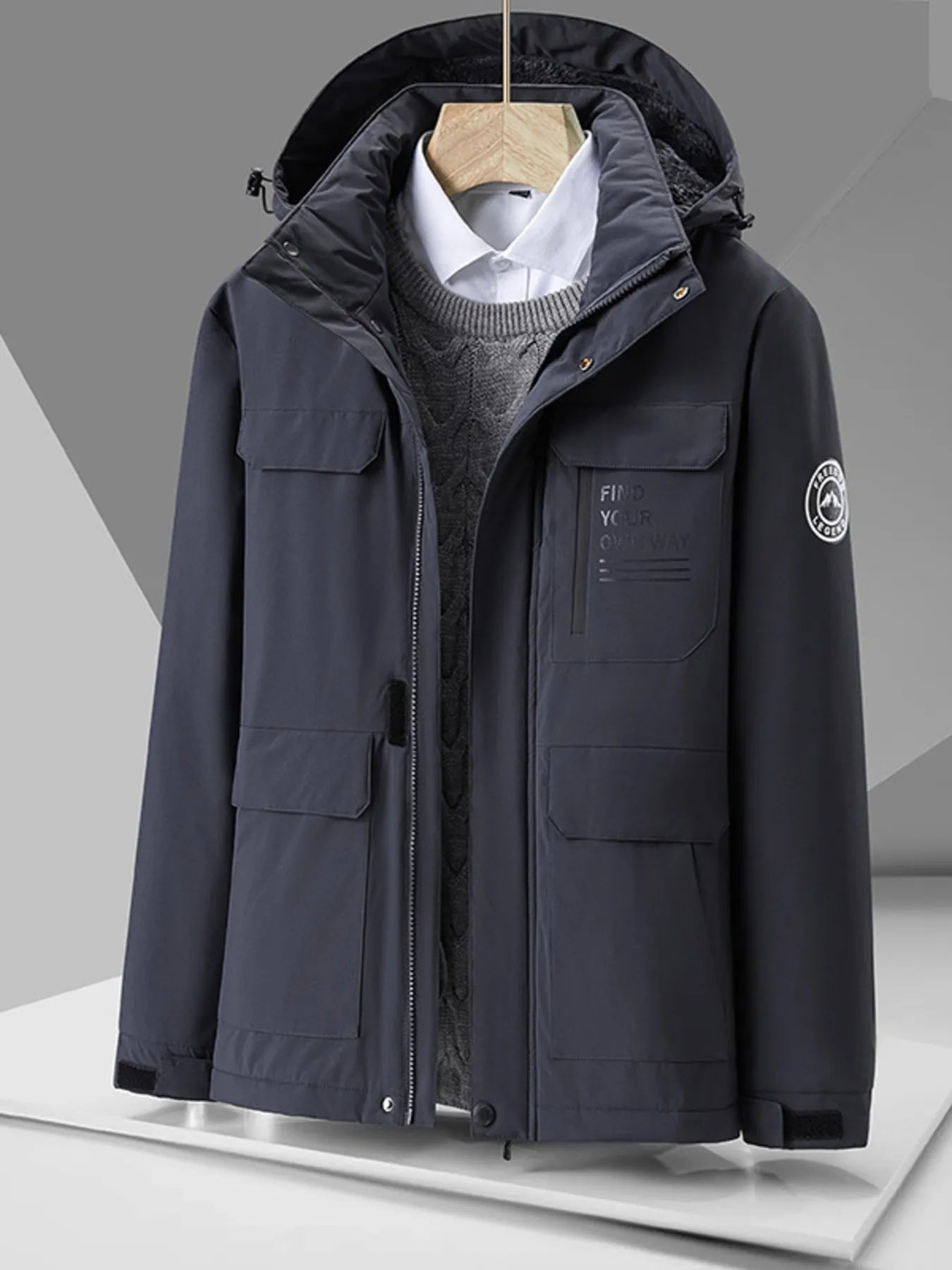 Men's Plus Size Hooded Zip Up Winter Jacket Grey / M