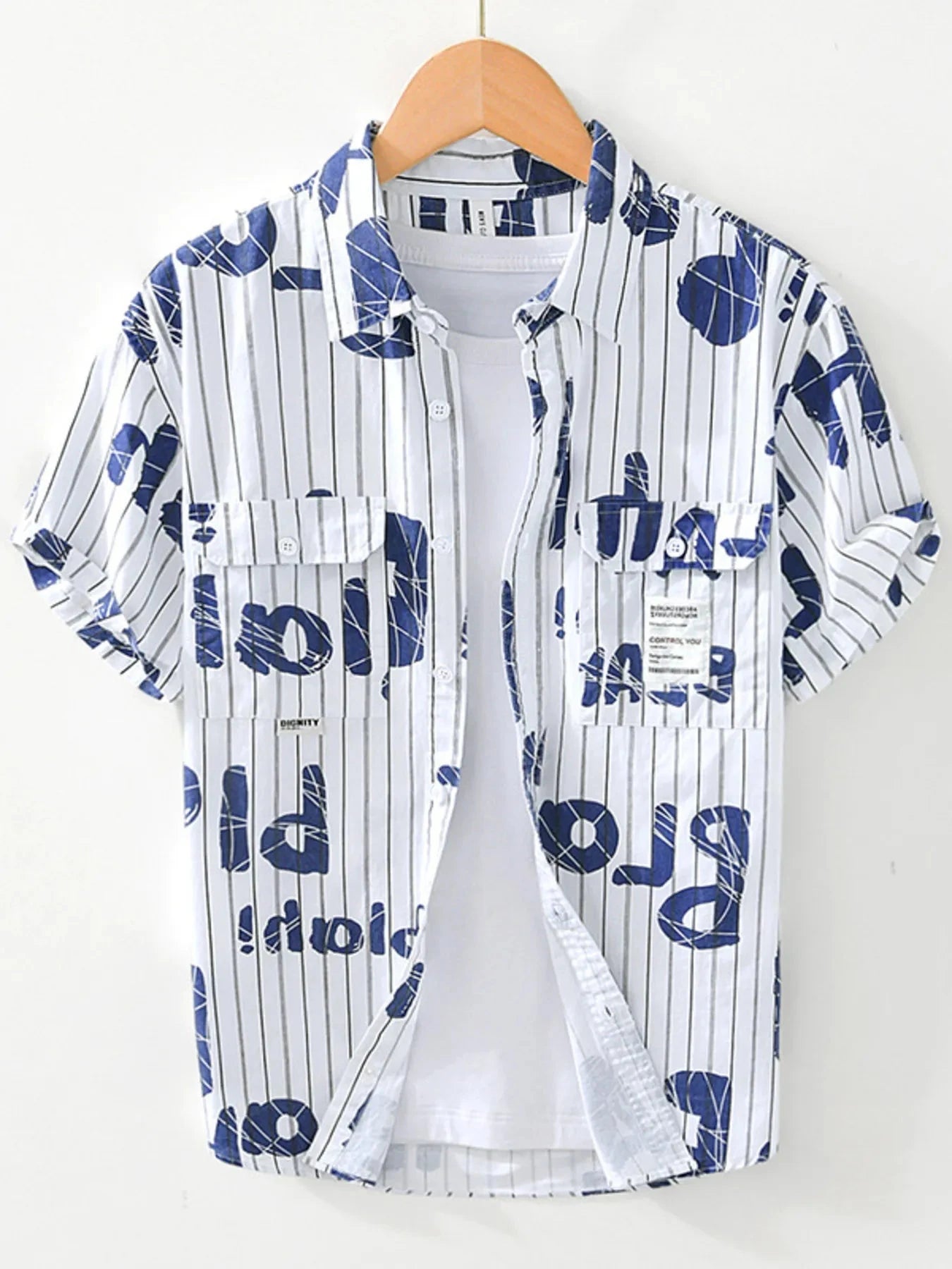 Men's Plus Size Letter Print Striped Short Sleeve Casual Shirt Blue / M