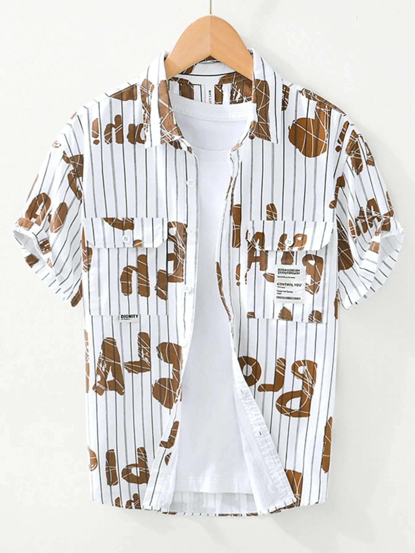 Men's Plus Size Letter Print Striped Short Sleeve Casual Shirt Brown / M