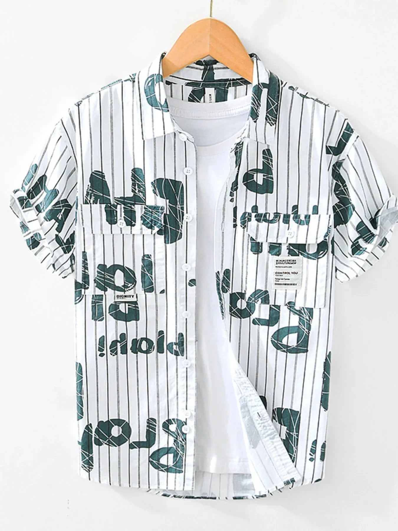 Men's Plus Size Letter Print Striped Short Sleeve Casual Shirt Green / M