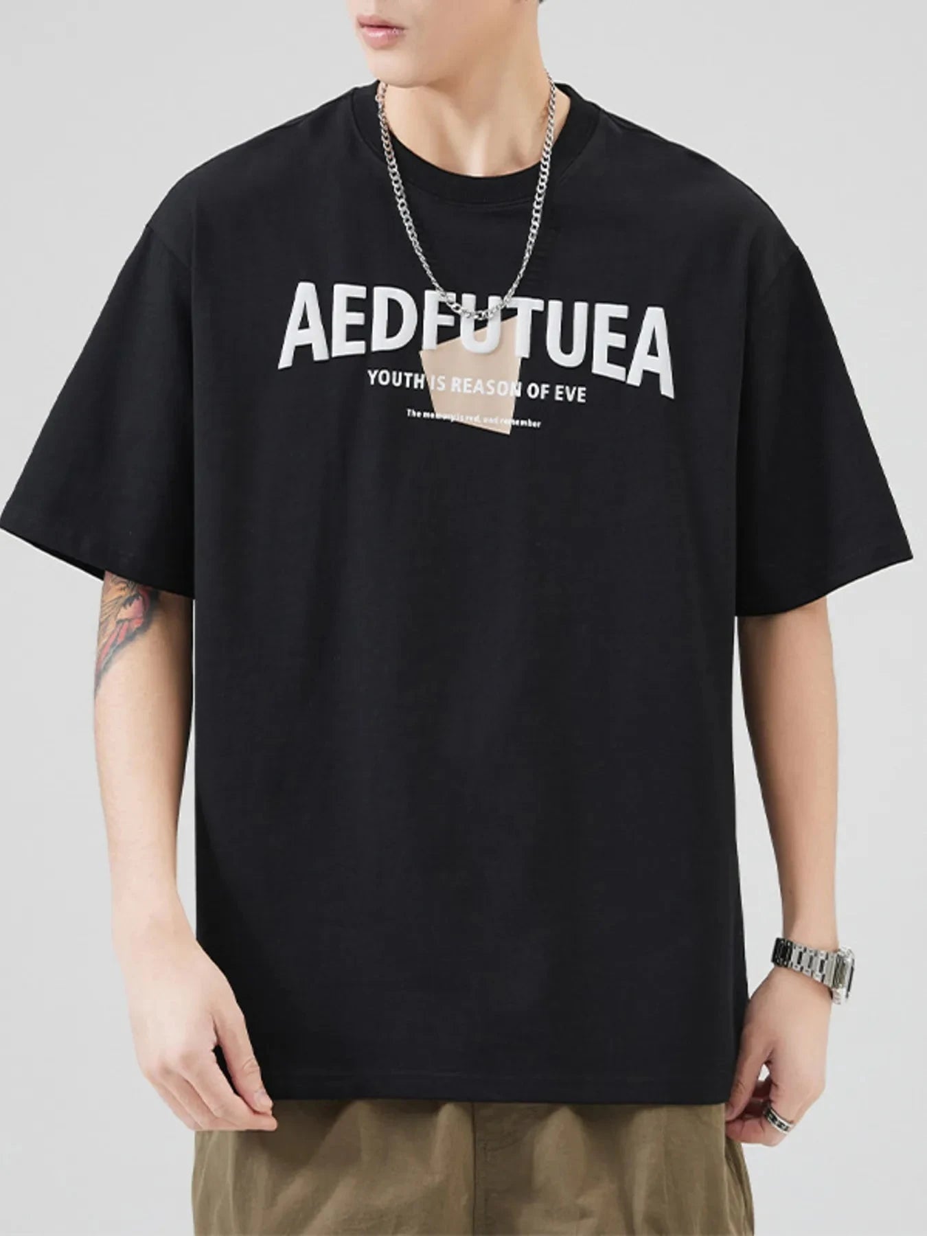 Men's Plus Size Letter Round Neck Half Sleeve T-Shirt Black / M