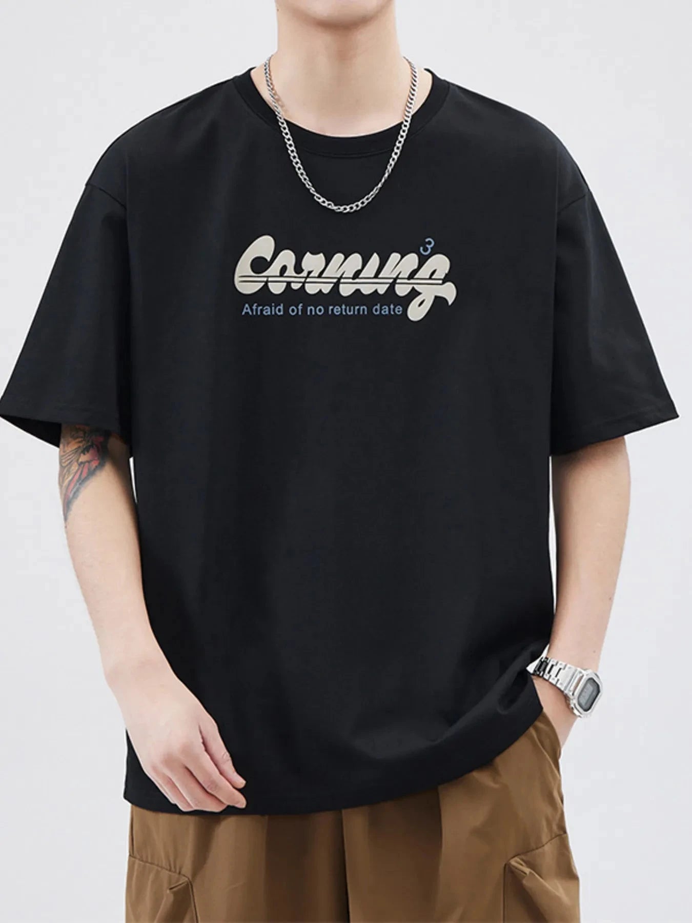 Men's Plus Size Letter Round Neck Half Sleeve T-Shirt Black / M