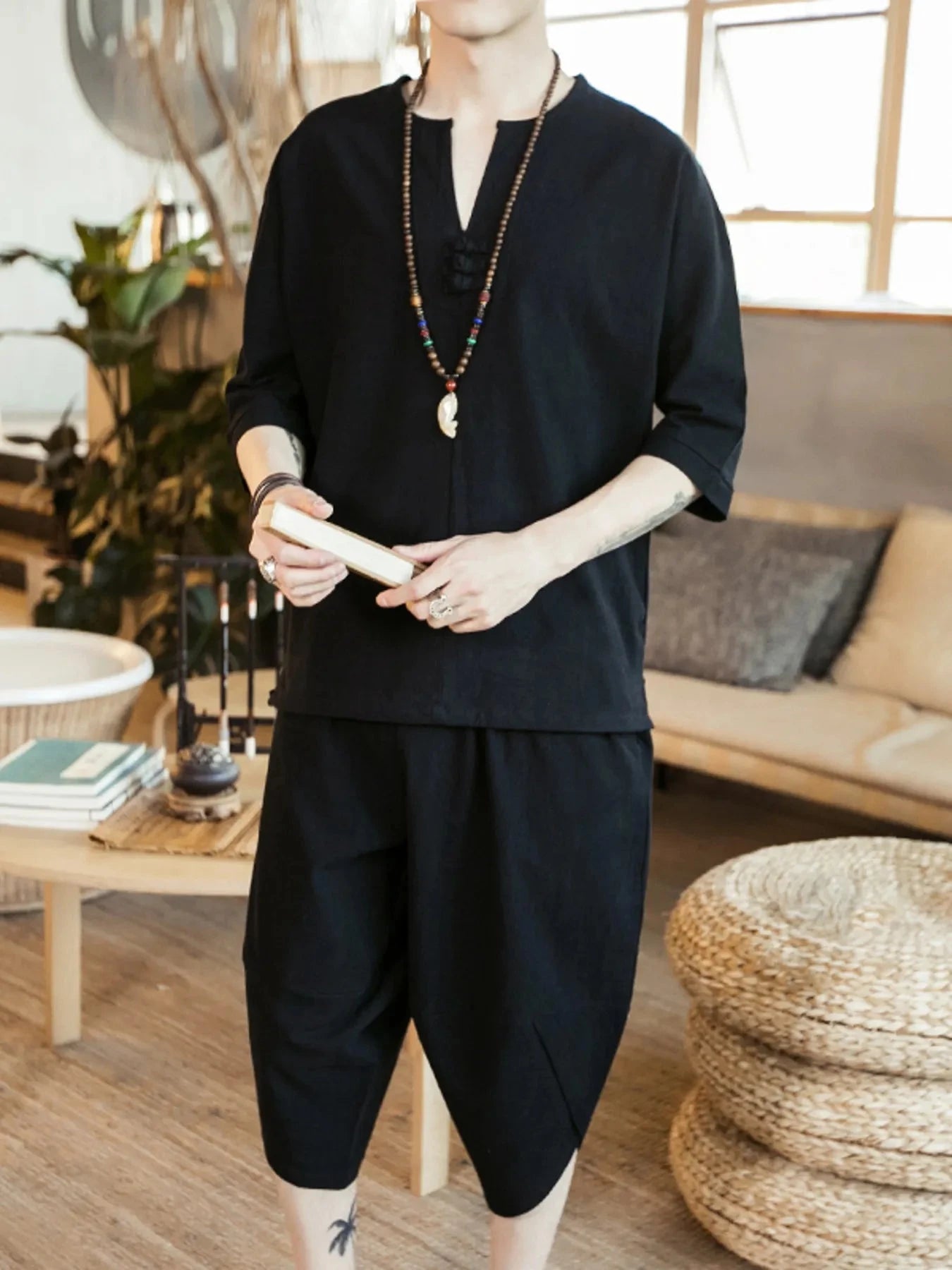 Men's Plus Size Notched Half Sleeve Top and Cropped Pants Set Black / M