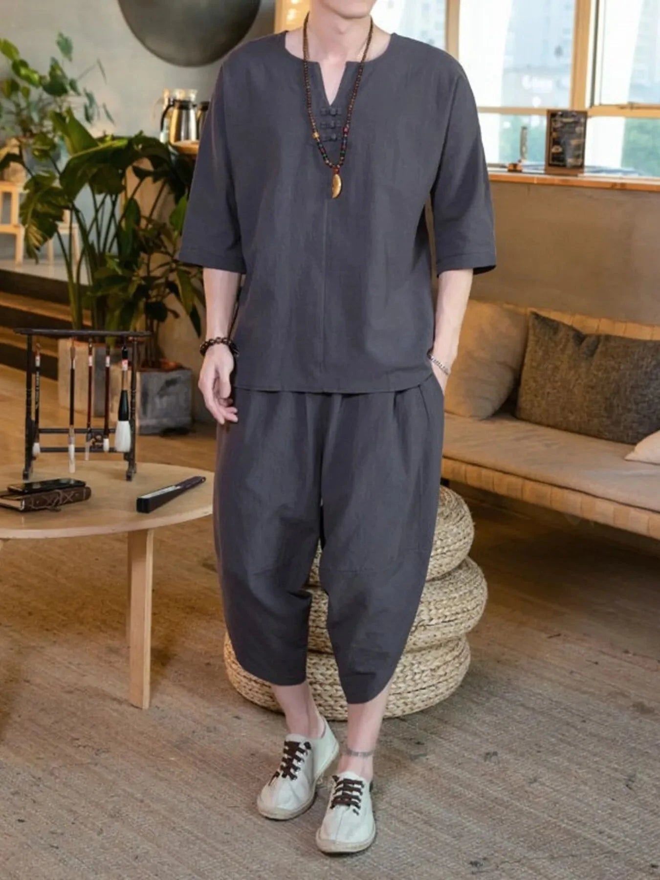 Men's Plus Size Notched Half Sleeve Top and Cropped Pants Set Dark Gray / M