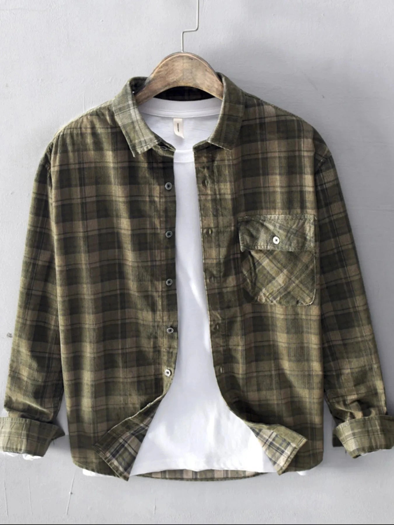 Men's Plus Size Plaid Button Up Long Sleeve Shirt Army Green / M