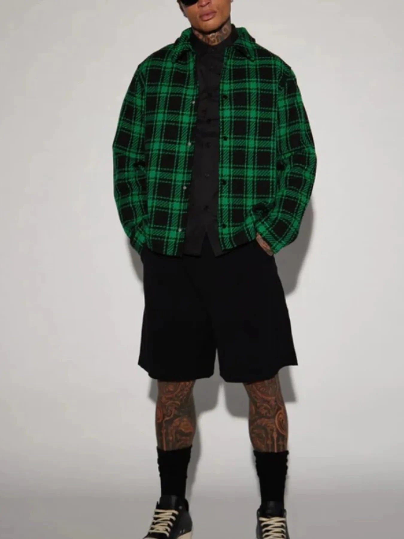 Men's Plus Size Plaid Button Up Long Sleeve Shirt Green / M