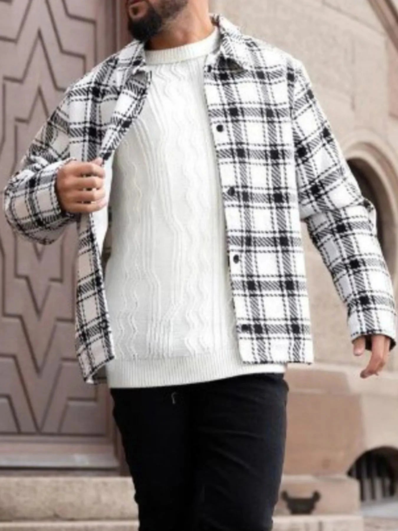 Men's Plus Size Plaid Button Up Long Sleeve Shirt White / M