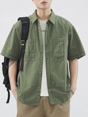 Men's Plus Size Plaid Button Up Short Sleeve Shirt Green / M