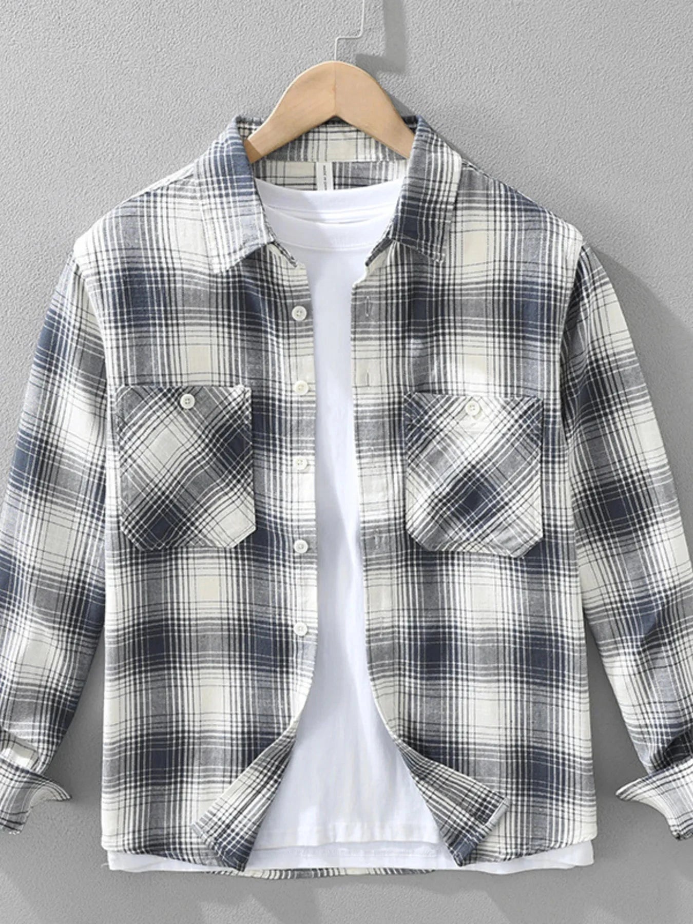 Men's Plus Size Plaid Flannel Shirt with Chest Pockets Blue / M