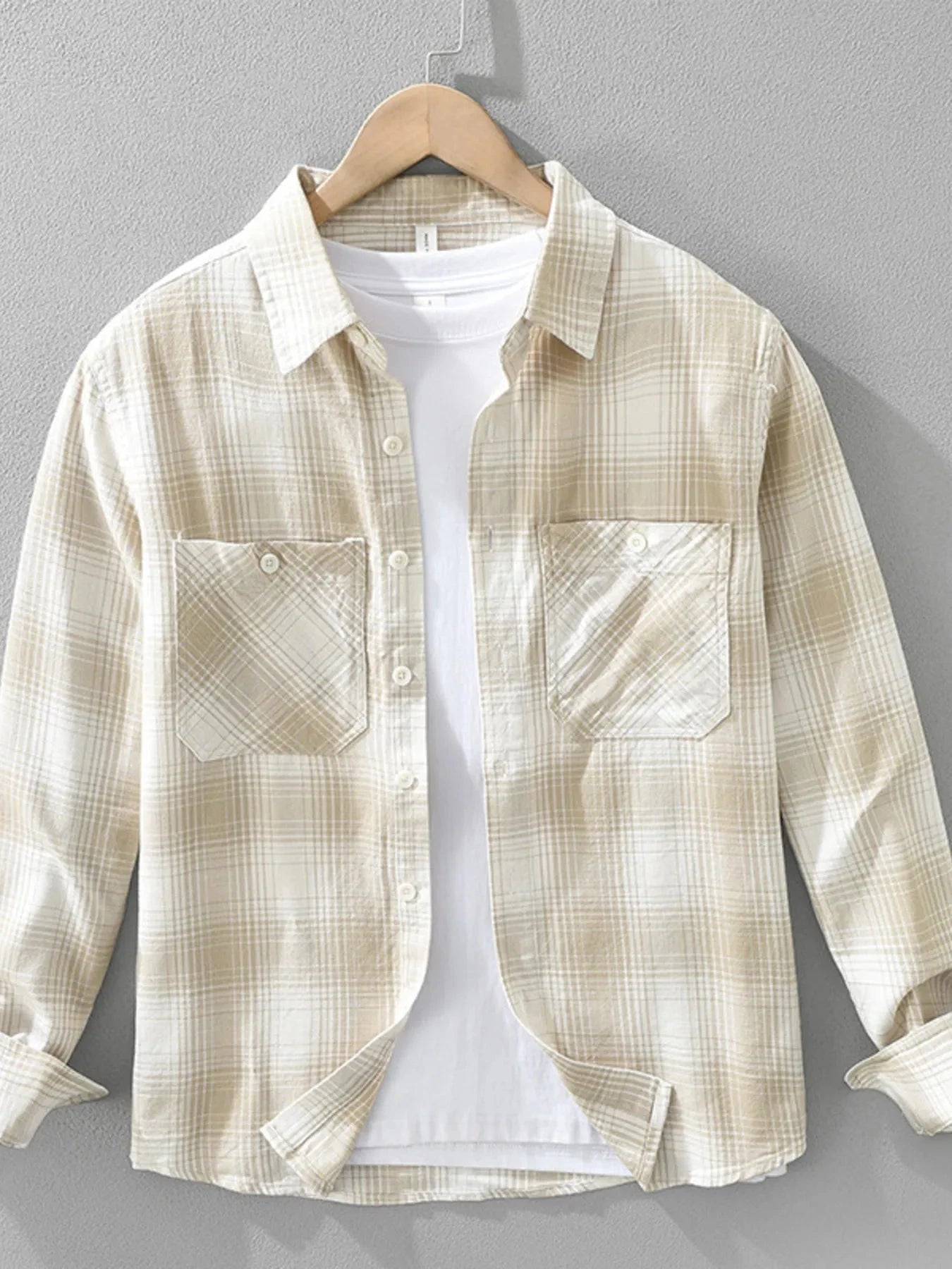 Men's Plus Size Plaid Flannel Shirt with Chest Pockets Khaki Color / M