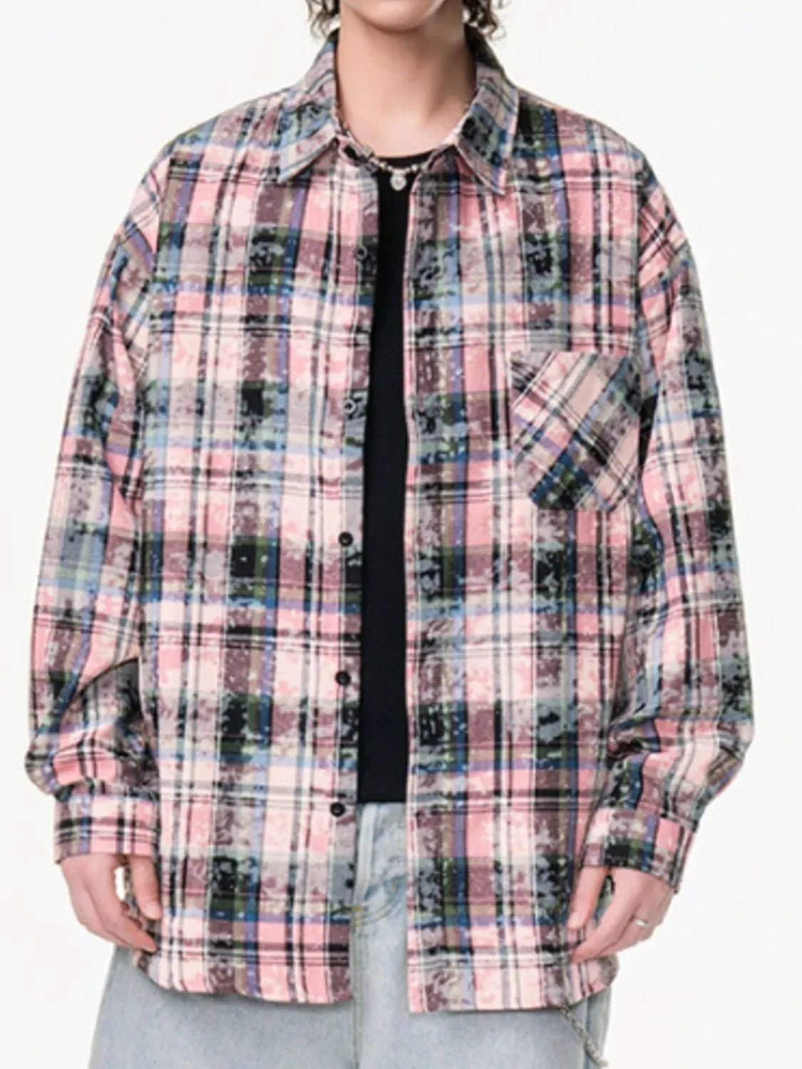 Men's Plus Size Plaid Long Sleeve Shirt Pink / M