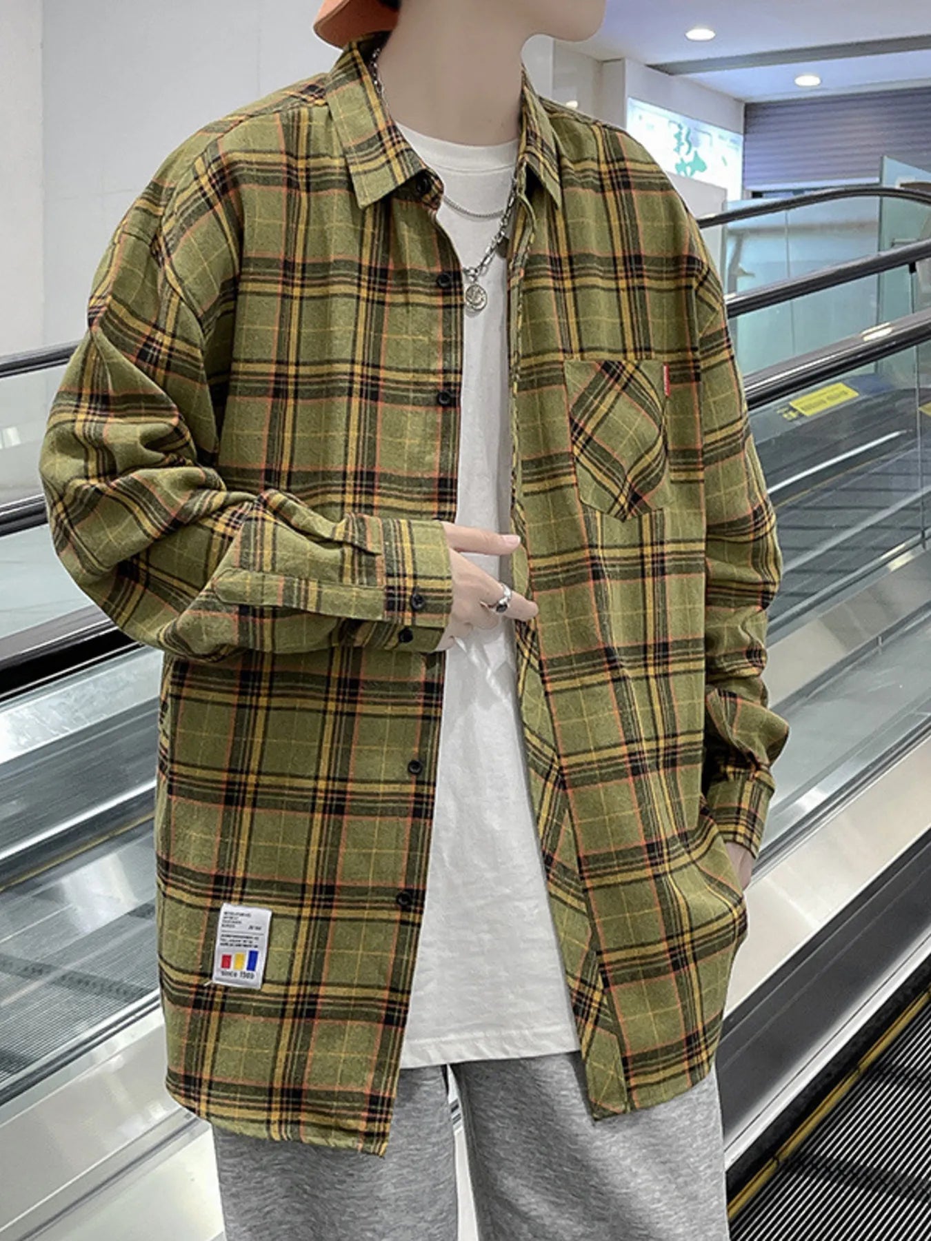 Men's Plus Size Plaid Long Sleeve Shirt Yellow / M