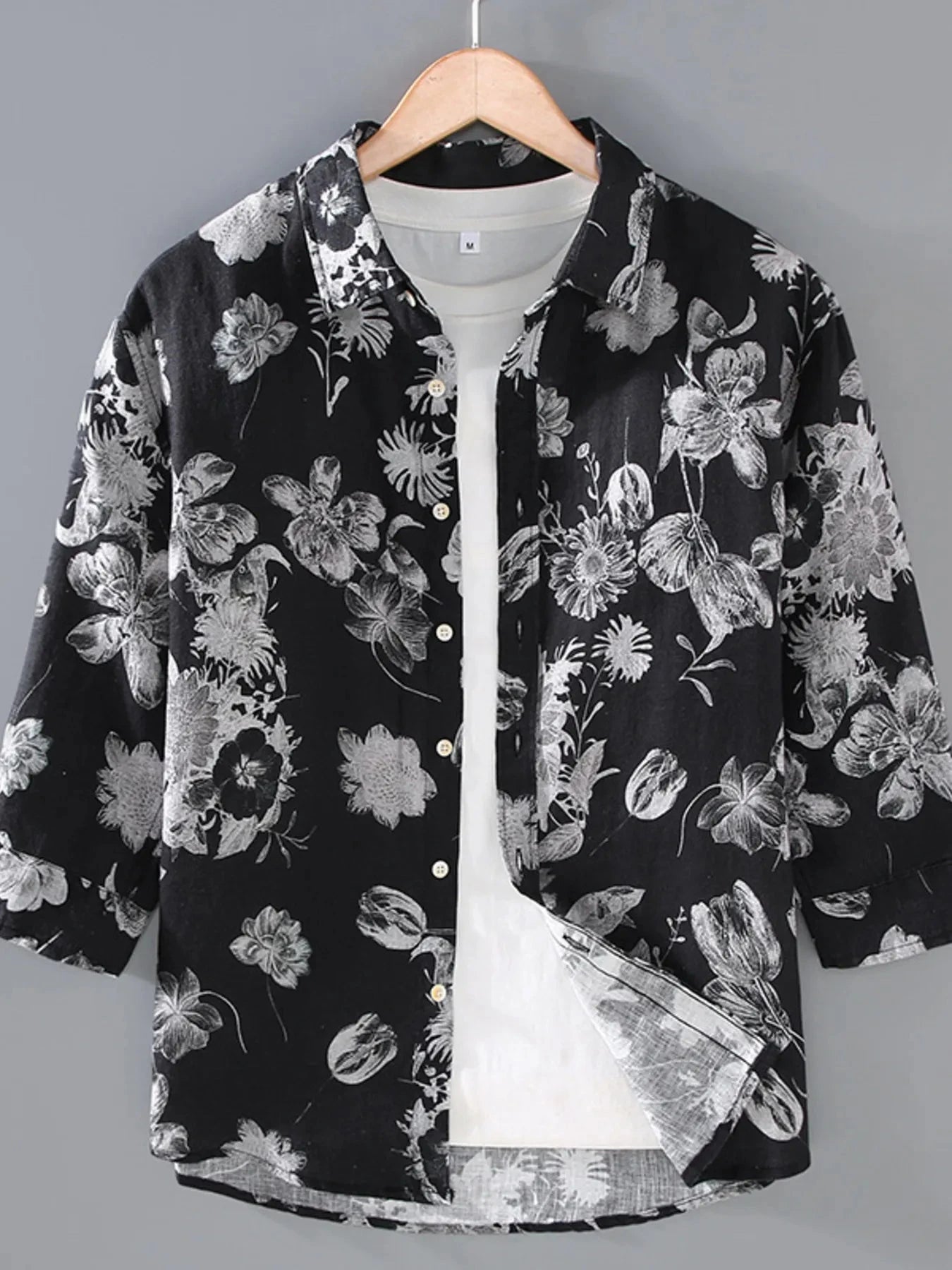 Men's Plus Size Printed Button Up Long Sleeve Shirt Black / M