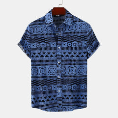 Men's Plus Size Printed Button Up Short Sleeve Shirt Blue / M