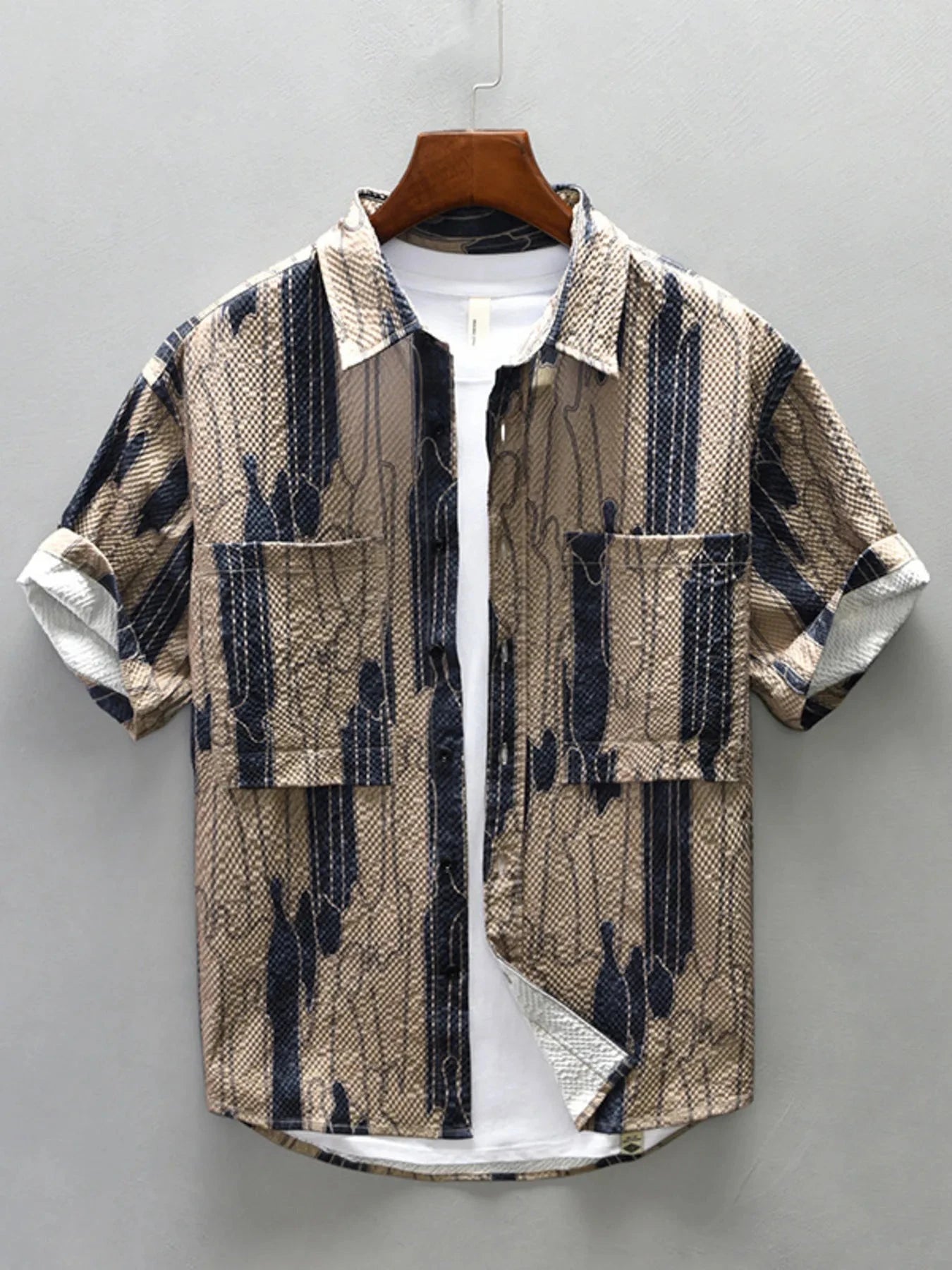 Men's Plus Size Printed Button Up Short Sleeve Shirt Coffee Color / M