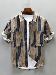 Men's Plus Size Printed Button Up Short Sleeve Shirt Coffee Color / M